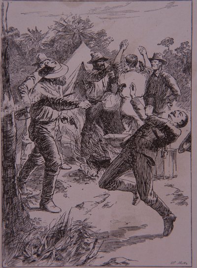 Ned Kelly tappaa poliisikonstaapeli Loniganin Stringybark Creekissä vuonna 1878 (kaiverrus) tekijältä Unknown artist