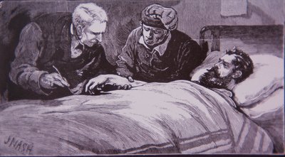 Ned Kelly makaa haavoittuneena Melbournen vankilassa, kun poliisi otti hänet kiinni 28. kesäkuuta 1880 (kaiverrus) tekijältä Unknown artist