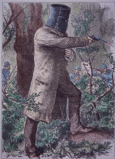 Ned Kelly, pukeutunut tyypilliseen haarniskaan, viimeisessä yhteenotossa poliisin kanssa, 28. kesäkuuta 1880 (värillinen kaiverrus) tekijältä Unknown artist