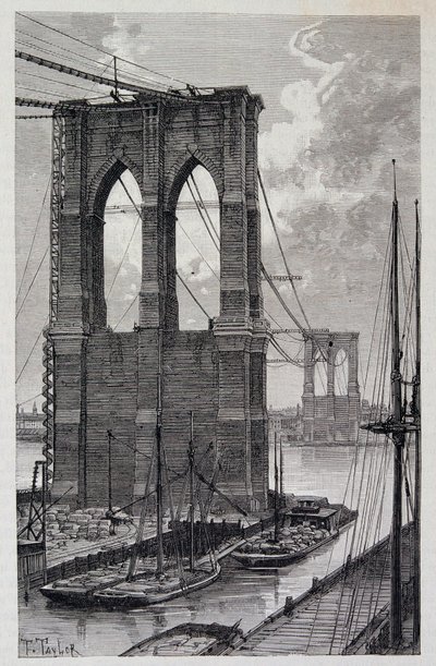 New York: Brooklyn Bridge -paalut rakenteilla - elokuvassa "The World Tour", 2. lukukausi 1881 tekijältä Unknown artist