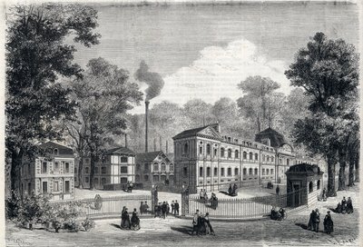 Imperialen posliinitehtaan uusi rakennus Sevresissä vuonna 1868. Kaiverrus ”” L