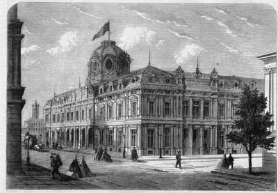 Pariisin Quai de Corsen (entinen Quai Desaix) uusi kauppatuomioistuin Ile de la Citella, rakennettu arkkitehti Antoine Nicolas Louis Baillyn (1810-1892) suunnitelmien mukaan prefet Georges Eugene Haussmannin (paroni Haussmann) suostumuksella. tekijältä Unknown artist