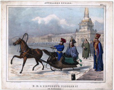 Nicolas I en traineau - Nikolai I venäläinen reessä - Anonyymi - 1850 - Litografia, akvarelli - 21,3x26,8 - Yksityiskokoelma tekijältä Unknown artist