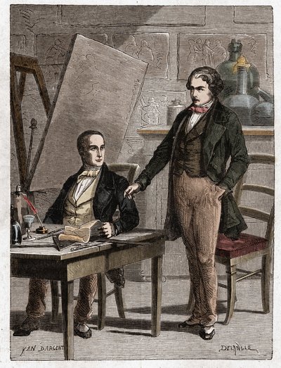 Niepce lukee Louis Daguerrelle Heliografian kuvauksen, kuvien kiinnittämiseksi camera obscurasta - Nicephore Niepce (1765-1833), ranskalainen keksijä, valokuvauksen pioneeri luki Daguerrelle kuvauksen menetelmästään i-kiinnitysmenetelmästä. tekijältä Unknown artist