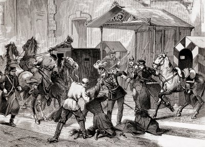 Nihilismi Venäjällä - Salamurhayritys Aide de Campia, kenraali Loris Melikoffia (Loris-Melikoff) vastaan, hänen hotellinsa oven ulkopuolella Suuressa Moskaiassa vuonna 1880 - Venäjän nihilistiliike 1800-luvulla: salamurhayritys kreivi L:tä vastaan tekijältä Unknown artist