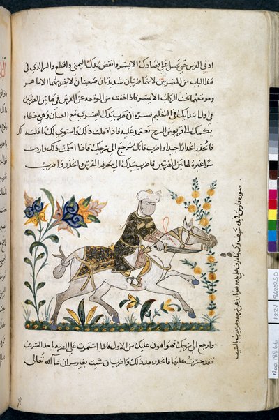 Nihāyat al-suʾl wa-al-umnīyah fī taʿlīm al-furūsīyah, Lisää MS 18866, f.122v, c.1371 (muste ja pigmentti paperilla) tekijältä Unknown artist