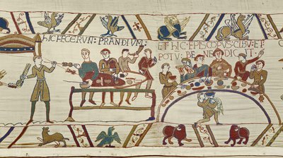 Normanin palvelijat valmistavat juhlat Williamille ja piispa Odo siunaa aterian, Bayeux Tapestry (villakirjonta pellavalle) tekijältä Unknown artist