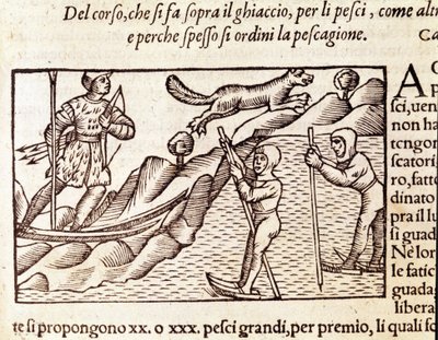 Norjalaiset metsästäjät liikkuvat suksilla. kaiverrus Olaus Magnus (1490 - 1557), ruotsalainen uskonnollinen ja maantieteilijä, "Historia de Gentis Septentrionalibus", Venetsia tekijältä Unknown artist