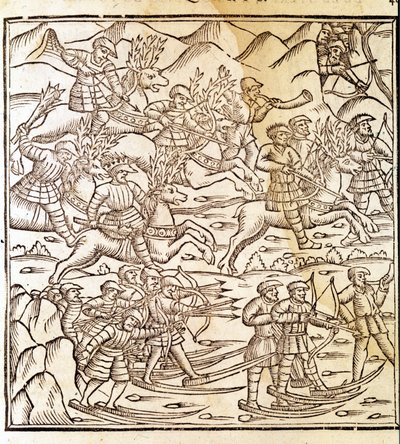 Norjalaiset metsästäjät suksilla ja poroilla. Kaiverrus Olaus Magnus (1490 - 1557), ruotsalainen uskonnollinen ja maantieteilijä, "Historia de Gentis Septentrionalibus", Venetsia tekijältä Unknown artist