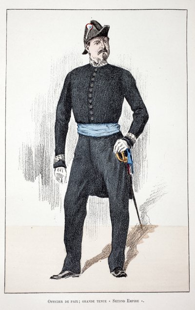 Suuren toisen imperiumin rauhanupseeri (1852-1870). Etsaus väreillä, havainnollistava "History of the Corps of Peacekeepers"" -kirja, jonka on julkaissut Louis Lepinen (1846-1933) Seinen poliisin prefekti, Alfred Rey (1864-). tekijältä Unknown artist