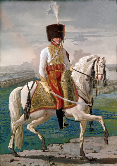 Veliittien upseeri ratsain, sotilasjoukko luotu keisari Napoleon I. tempera 1800-luvun alun kunniaksi. Museo Nazionale di San Martino Napoli tekijältä Unknown artist
