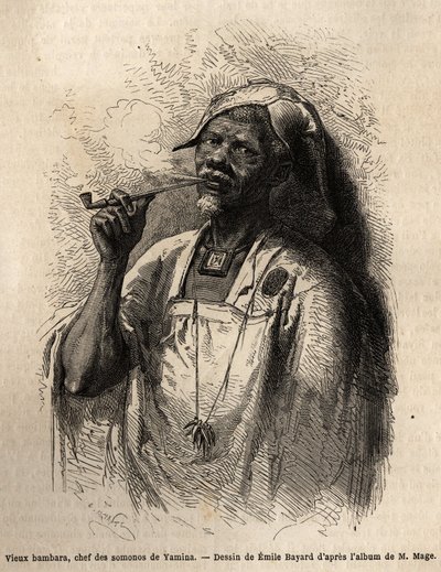 Vanha Bambara, Yaminan (Niger) heimon päällikkö polttaa piippua ja käyttää heimonsa perinteistä pääsuojusta. Kaiverrus havainnollistamaan luutnantti (laivasto) M.Magen matkaa Länsi-Sudaniin vuosina 1863-1866, julkaistu "Le tour du monde, nouveau jour" tekijältä Unknown artist