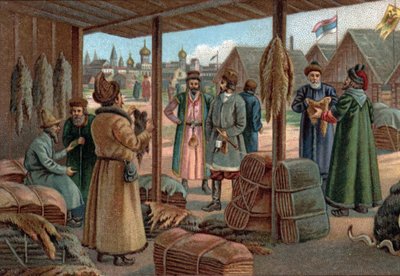 Vanhat ostoskeskukset: Turkismessut Novgorodissa (Veliky Novgorod), Venäjä 1800-luvulla. 1800-luvun lopun kromolitografia tekijältä Unknown artist