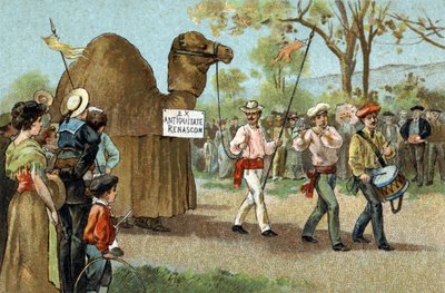 Vanha tapa, jota vietettiin Languedocin alueella: Kamelin kävely Pyhän Afroditen päivänä. 1800-luvun lopun kromolitografia. tekijältä Unknown artist