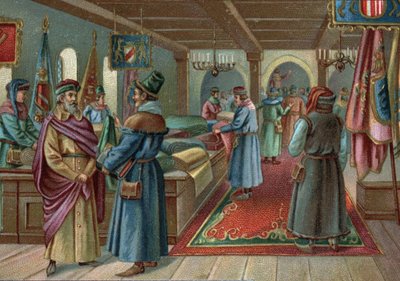 Vanhat ostoskeskukset: pellavahalli Bruggessa, Belgiassa 1400-luvulla. 1800-luvun lopun kromolitografia tekijältä Unknown artist