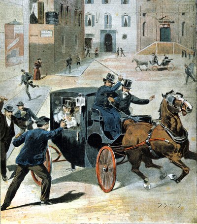 16. kesäkuuta 1894 Roomassa anarkisti Paolo Lega ampui revolverilla Italian neuvoston puheenjohtajaa Francesco Crispiä. Kuva ajanjaksosta. tekijältä Unknown artist