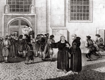 31.10.1517 Luther julkaisi Wittenbergin linnan porteille 95 teesiään "", jotka tuomitsivat ammojen myynnin ja jotka merkitsivät uskonpuhdistuksen alkua - grav. tekijältä Unknown artist