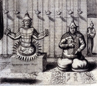 Vasemmalla hindujumalalla on kahdeksan käsivartta, oikealla Amida, japanilainen Buddha. Athanasius Kircherin (1601 - 1680), jesuiitta, orientalisti ja saksalainen tutkija, "De China Monumenta", Amsterdam 1667. tekijältä Unknown artist