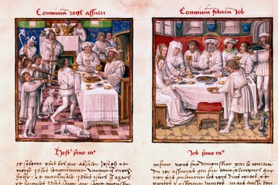 Vasemmalla Assueruksen 1. juhla (Xerxes 1.). Oikealla Jobin lasten juhla. Miniatyyri käsikirjoituksesta "" Le Miroir de l
