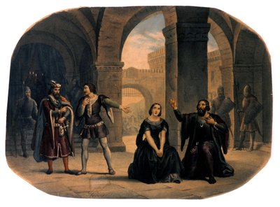Giuseppe Verdin säveltämä oopperalava "I vespri siciliani" (Sisilialainen vespers). kromolitografia 1800-luvun lopulta. tekijältä Unknown artist
