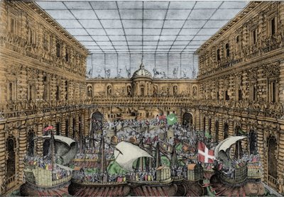 Orazio Scarabelli, Naval Battle Show (naumachia) kohoaa Palazzo Pittin pihalla Firenzessä (Medicin perheen kuninkaallinen palatsi, Toscanan suurherttuat) Naumachia Palazzo Pittin pihalla, Firenzessä tekijältä Unknown artist