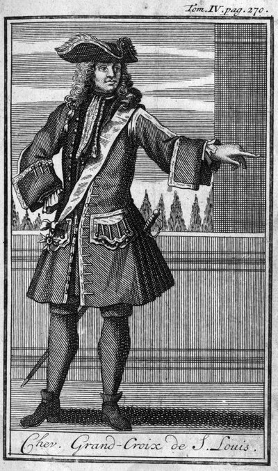 Ritarikunnan ritarikunta. Chevalier-suurristi Saint Louisin Ranskassa 1600-luvulla. Kirjassa "" Tähän mennessä perustettujen sotilaallisten ritarien tai ritarien, molempien sukupuolten sekulierien ja vakituisten miliisien historia. Painos otettu Abbe Giust tekijältä Unknown artist