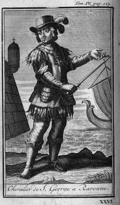 Ritarikunnan ritarikunta. Pyhän Yrjön ritari Ravennaan (Ravenna) Italiaan 1500-luvulla. Kirjassa "" Sotilaallisten ritarikuntien tai ritarien historia, molempien sukupuolten turvalliset ja rutiininomaiset miliisit, jotka on perustettu tähän päivään asti. P tekijältä Unknown artist
