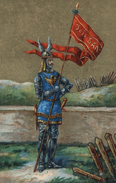 Oriflame tai Ranskan kuninkaan Kaarle V:n (1364-1380) lippu. 1800-luvun kromolitografia. tekijältä Unknown artist