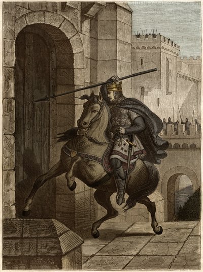 Otto II, Pyhän Rooman keisari ennen Pariisia - Pyhän valtakunnan Otton II, joka tunnetaan nimellä Roux (955-983), ärsyttää, koska hän ei pysty tunkeutumaan Pariisiin (Pariisin päämaja, 978), kävelee kaupungin muurien alla istuttaakseen omansa. keihäs ovess tekijältä Unknown artist