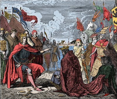 Ottokar II (1230-1278) kunnianosoitus Rudolf I:lle - Ottokar II (1233-1278) Böömin kuningas, osoittaa kunnioitusta Pyhän Imperiumin Rodolf I:lle (tai Habsburgin Rodolf IV:lle) (1218-1291) Marchfeldin taistelun jälkeen , vuonna 1278 - tekijältä Unknown artist