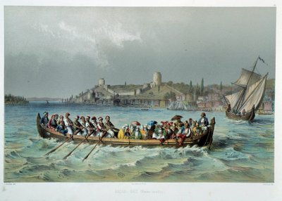 Ottomaanien valtakunta: omnibus-vene Konstantinopolissa (Istanbul). 1800-luvun litografia. Decorative Arts, Pariisi tekijältä Unknown artist
