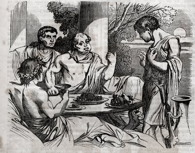 Juhlajuhla ulkona - Vitellius (Aulus Vitellius Germanicus Imperator Augustus) Rooman keisari (15-69) pitämään juhlaa - kaiverrus kirjaan "Universal Health - Medical Guide for Families" 1852 tekijältä Unknown artist