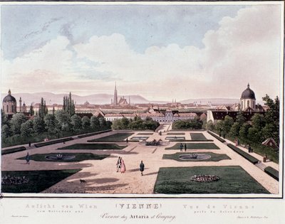 Wienin yleiskatsaus Belvederestä, Itävallasta. Kaiverrus vuodelta 1830 Yksityinen kokoelma tekijältä Unknown artist