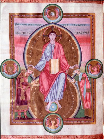 Keisarin Raamatun sivu: Kristus tetramorfin ympäröimänä keisari Henrik III:n ja hänen vaimonsa Agnes of Poitou välillä (miniatyyri tekijältä Unknown artist