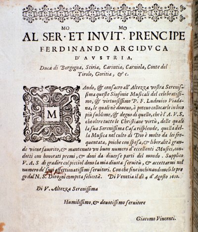 Itävallan Ferdinandille vihkiytymissivu Ludovico Viadanan sinfonioiden partituurissa tekijältä Unknown artist