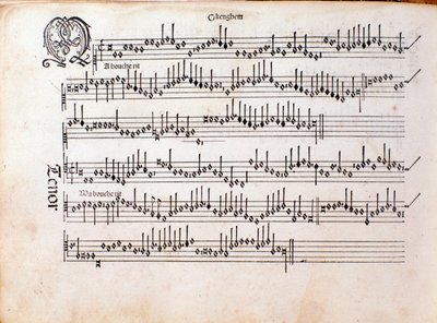 Sivu: Ottaviano Petruccin musiikillinen partituuri Harmonice Musices Odhecaton (1501) tekijältä Unknown artist