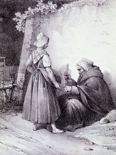 Kädentaidot: vanha ennustaja lukee nuoren tytön kättä (kaiverrus) tekijältä Unknown artist