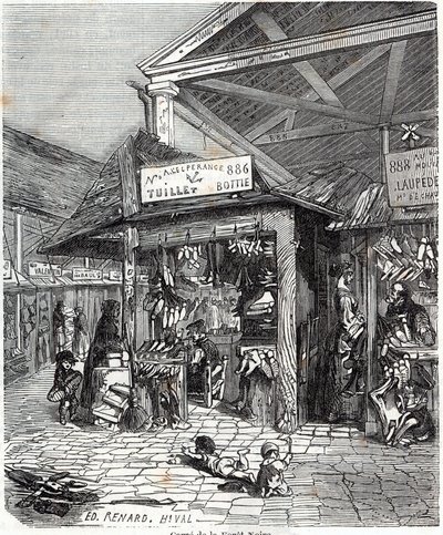 Pariisin 3. kaupunginosa - Carre de la Foret-Noire: nahan ja kenkien myynti Le Carreau du Templessä 1800-luvulla - Edmond Texierin kaiverrus "" Tableau-de-Paris" -kirjaan tekijältä Unknown artist