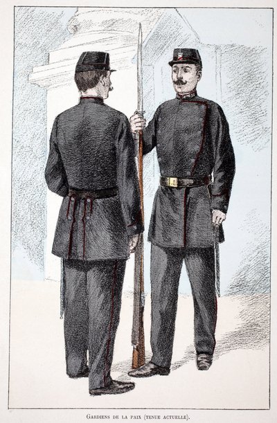 Rauhanturvaajat (Lepin aika). Etsaus väreillä, havainnollistava "" Rauhanturvaajien joukkojen historia"" -kirja, joka on julkaistu Louis Lepinen (1846-1933) Seinen poliisin prefektin suojeluksessa, Alfred Rey (1864-?) ja Louis Feron (1862). - tekijältä Unknown artist