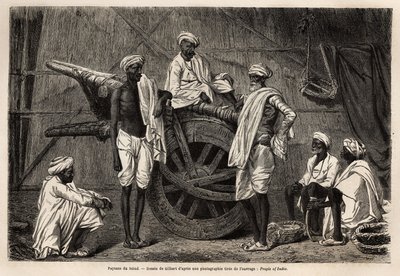 Talonpojat Scindistä (Punjabin alue, Intia) maatalouskoneidensa vieressä. Kaiverrus havainnollistamaan matkaa Pandjabiin ja Kashmiriin, Guillaume Lejeanin tarina vuonna 1866, julkaistu "Le tour du monde, nouveau journal des voyages" -lehdessä ohjeiden alla tekijältä Unknown artist
