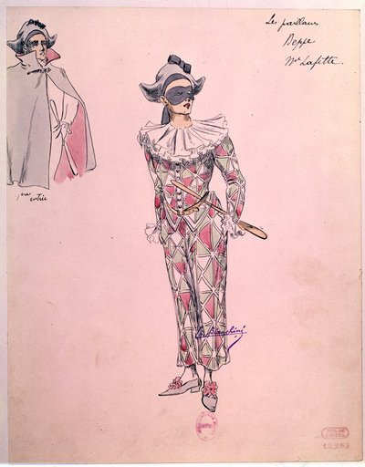 Arlekiiniin pukeutunut Peppe-asu Ruggero Leoncavallon (1857-1919) oopperaan "" Paillasse"" (pagliacci, klovnit) vuodelta 1892. Pariisi, Oopperamuseon kirjasto tekijältä Unknown artist