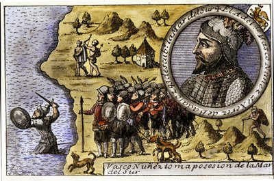 Vasco Nunez de Balboan (1475 - 1517), espanjalaisen navigaattorin esitys, joka oli yksi ensimmäisistä, jotka löysivät Tyynen valtameren ylittäessään Darienin salmen. Kaiverrus tekijältä Unknown artist