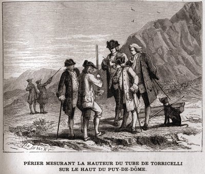 Perrier, joka mittaa Barometrin (elohopeaputken) korkeutta Puy-de-Dômen huipulla 20. syyskuuta 1618, Evangelista Torricelli tai Torricelli, kaiverrus 1800-luku, Bianchetti-kokoelma. tekijältä Unknown artist