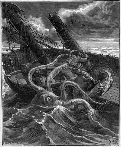 Narcissus Nicaisen vaaralliset seikkailut Kongossa - kirjoittanut Armand Dubarry 1836 -1910 - hänellä oli edessään valtava merihirviö (Giant octopus) (Giant octopus) - kaiverrus Journal des voyage de 1881 - tekijältä Unknown artist