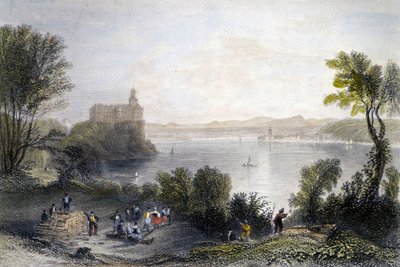 Persenbergin linna Saksassa. Etualalla puutyöläiset töissä. Kaiverrus 1800-luvulta. tekijältä Unknown artist
