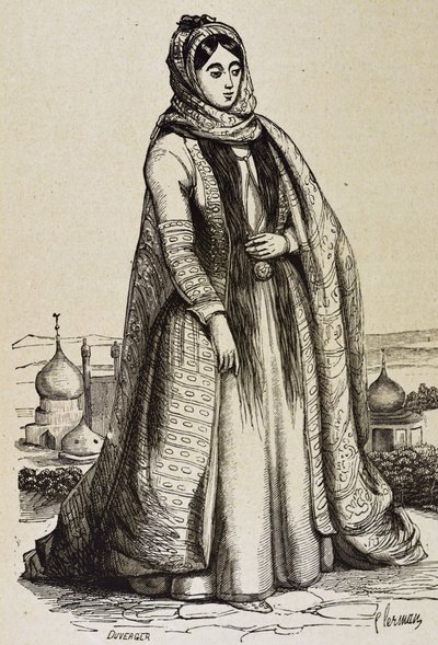Persia (19. vuosisata). Yhteiskunta. Persialainen nainen. Kaiverrus. Yksityiskokoelma tekijältä Unknown artist