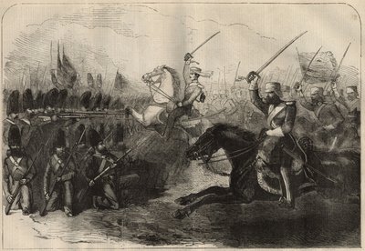 Persian anglo-sota (1856-1857): kapteeni Forbesin komentaman kolmannen brittiläisen indo-ratsuväen hyökkäys Koosh-Abin (Koosh Ab, Kooshab) taistelun aikana 8. helmikuuta tekijältä Unknown artist