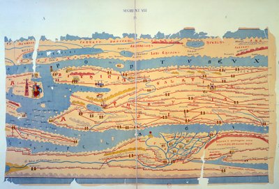 Peutinger-pöytä, joka edustaa roomalaisia tapoja Egyptissä ja Turkissa. 1200-luvun tiekartta, joka perustuu 3. vuosisadan Rooman valtakunnan karttaan. Pariisi, BN. tekijältä Unknown artist