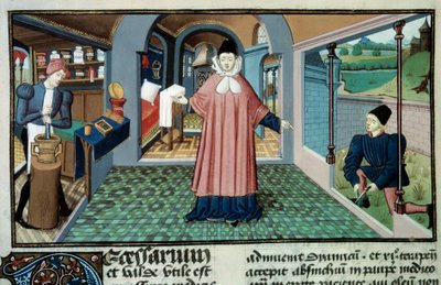 Apteekki: "" Apteekkari, kasvien poimiminen ja lääkkeiden valmistus"" Miniatyyri otettu Bernard de Gordonin "" L