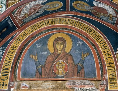 Phorbiotissa Panagia, Kristuksen Neitsyt Neitsyt Medaljonissa, fresko (1332-1333), Bysanttilainen Asinoun Neitsyt Marian kirkko (1100-luku) (Unescon maailmanperintöluettelo, 2001), Troodosvuoret, Kypros tekijältä Unknown artist